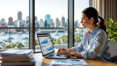 Australian woman reviewing ASX 200 dividend portfolio on laptop for superannuation retirement planning 2026