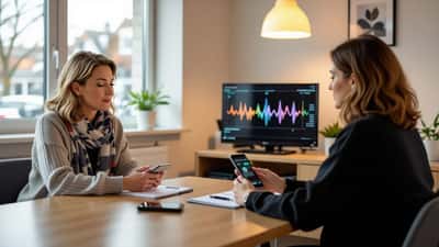 Female therapist in NHS counselling room listening to distressed woman client holding smartphone showing audio waveforms