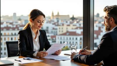 Mulher portuguesa em reunião com consultor financeiro a rever documentos de planificação patrimonial em escritório em Lisboa