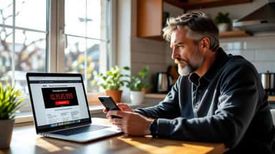Mann prüft skeptisch eine gefälschte Nachrichtenseite mit Krypto-Werbung auf seinem Laptop