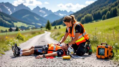 Notarzt behandelt kollabierten Radfahrer auf einem Radweg in Österreich