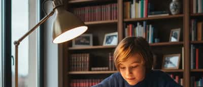 Kind liest konzentriert in einem Buch an einem Holztisch, erwachsene Hand zeigt auf ein Wort, warmes Lampenlicht, Bücherregal im Hintergrund