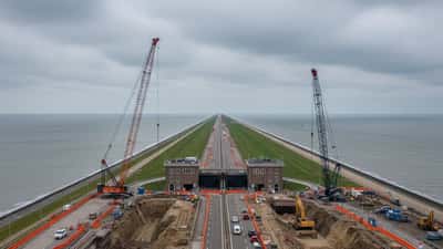Luchtfoto van de Afsluitdijk met bouwkranen en werkzaamheden bij de nieuwe spuisluizen bij Den Oever