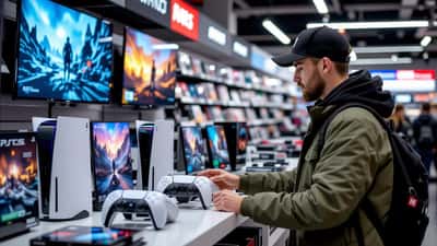 Consumer electronics specialist comparing PS5 Pro and standard PS5 consoles at a UK electronics store