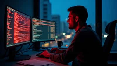 Analista de IT estudando alertas de intrusão russa em monitores duplos num escritório moderno em Lisboa à noite