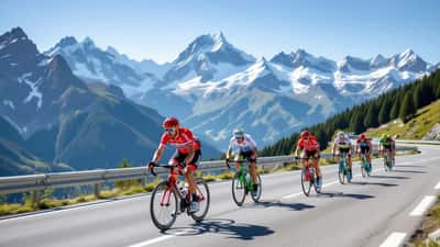Professionelle cykelryttere kører op ad bjergvej under Schweiz Rundt 2026