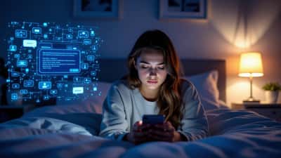 Teenager in dark bedroom late at night, face illuminated by smartphone showing AI chatbot conversation