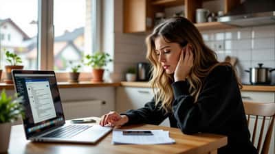 Junge Frau prüft besorgt eine verdächtige Minijob-Stellenanzeige auf dem Laptop, Ausweis daneben
