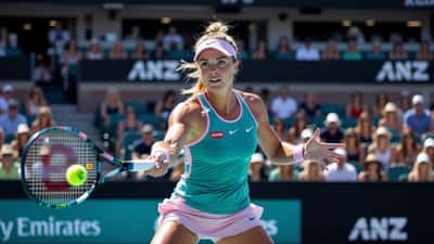 Linda Nosková playing at the Australian Open 2026 on a blue hard court in Melbourne