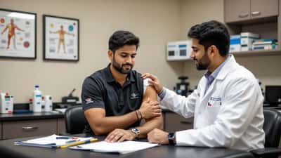 Sports medicine physician examining a South Asian Canadian cricket player's shoulder in a suburban clinic