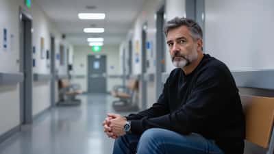 Pai ansioso à espera no corredor do hospital durante a gravidez da companheira em Portugal