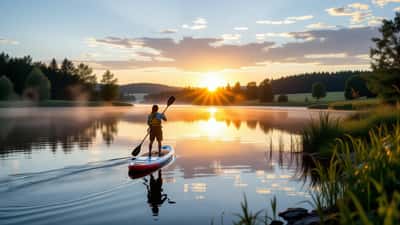 Stand-up-Paddle-Board an einer Wehranlage am Marchfeldkanal mit Sicherheitswarnschildern