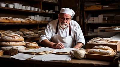 Artisan boulanger suisse examinant des documents financiers dans son arrière-boutique à Frick, Argovie