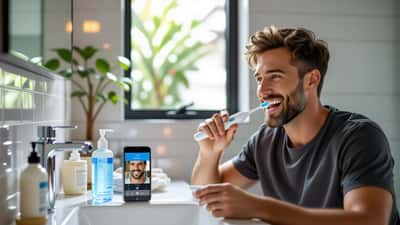 Man using Dyson CameraJet electric toothbrush with dental camera app on smartphone in Australian bathroom