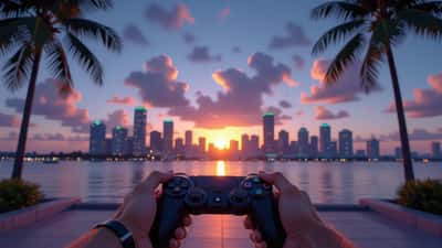 Silhuett av gamer med controller foran en neonbelyst Vice City-silhuett i solnedgang