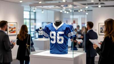Gerahmtes historisches blaues Fußballtrikot in einer beleuchteten Vitrine in einem Auktionshaus
