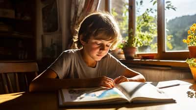 Enfant qui lit un livre à la table avec des cahiers scolaires pendant les vacances d'été