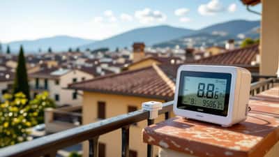 Stazione meteo domestica con display digitale e sensore esterno su un balcone italiano in estate