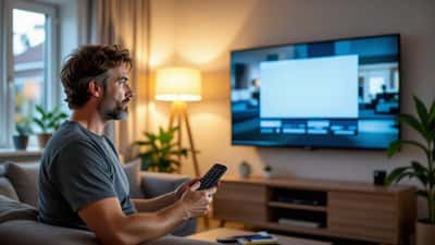 Man in Nederlandse woonkamer kijkt met afstandsbediening naar een smart-tv met een lege, vastgelopen tv-gids