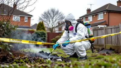 Hazmat contractor in white protective suit collecting ash and debris from a residential garden in Widnes after the recycling facility fire, yellow warning tape visible