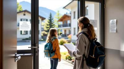 Travailleuse sociale accueillant une jeune femme à l'entrée du Mädchenhaus desFilles de Bienne, Suisse