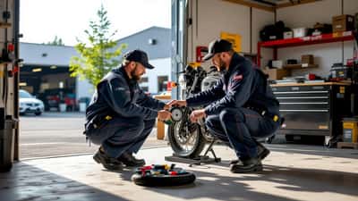 Bilmekaniker inspekterar däck och bromsar på en motorcykel utanför en verkstad i Stockholm