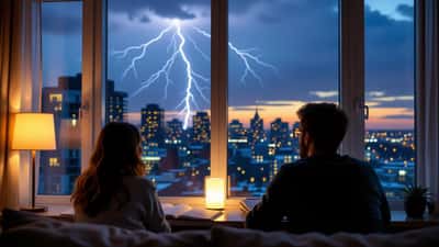Student and parent watching a distant lightning storm from an indoor Ottawa window with a physics notebook on the sill