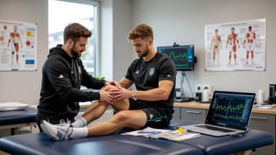 Fisioterapeuta examina o joelho de um jovem futebolista numa clínica de medicina desportiva