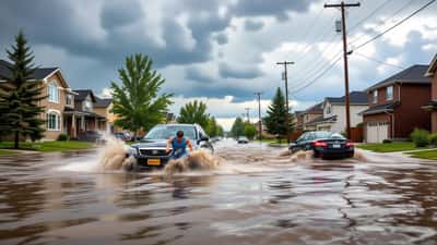 Voiture traversant une rue inondée à Calgary pendant un orage violent en 2026
