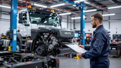 Mechaniker diagnostiziert modernen Deutz-Motor in FFG-Nutzfahrzeug-Werkstatt