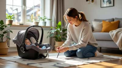 Förälder undersöker ett Britax Römer babyskal med lossnat handtag på golvet i en lägenhet