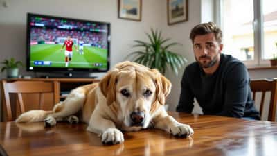 Cão ansioso escondido debaixo do sofá enquanto família assiste jogo de Portugal no Mundial 2026