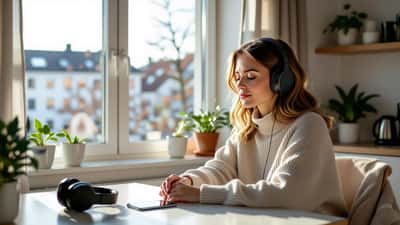 Norsk kvinne sitter i stillhet i Oslo-leilighet med lukkede øyne og støykansellerende hodetelefoner på bordet
