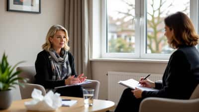 Woman in a UK therapy room talking with a mental-health professional taking notes