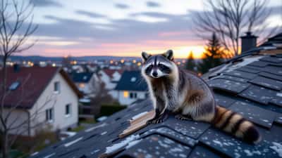 Wildlebender Waschbär auf einem deutschen Hausdach neben aufgerissener Dachdämmung