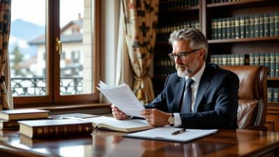 Avocat suisse examinant des documents juridiques et le Code civil dans un cabinet à Genève