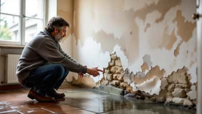 Propriétaire lorrain inspectant une tache d'humidité sur le mur de sa maison après les orages de fin août 2026 à Nancy