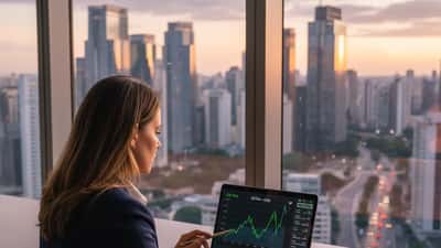 Consultora financeira analisando gráficos da Petrobras em escritório em São Paulo