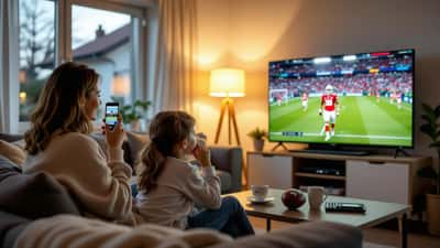 Mutter überprüft Bildschirmzeit während Tochter WM 2026 Spiel auf Fernseher schaut, modernes deutsches Wohnzimmer