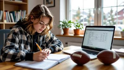 Norsk tenåring regner sannsynlighet med fotballtabell og laptop ved skrivebordet hjemme