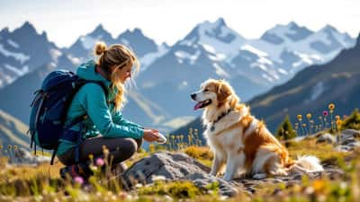 Randonneur examinant la patte de son Golden Retriever sur un sentier alpin suisse en été 2026