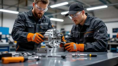 Mechanic inspecting a garrucha pulley block in a workshop for safety compliance