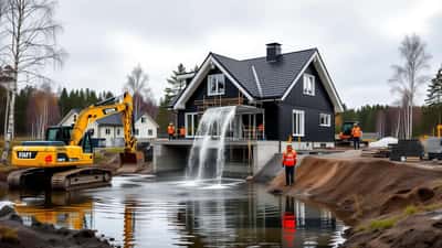 Svenskt hus under kraftigt skyfall 2026 med vatten i takrännor och byggexpert som inspekterar