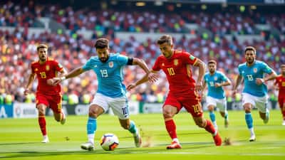 Jugadores de Uruguay y España disputan un balón en el amistoso internacional 2026
