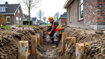 Funderingsinspecteur bekijkt houten heipalen en scheurvorming bij een verzakt Nederlands rijtjeshuis