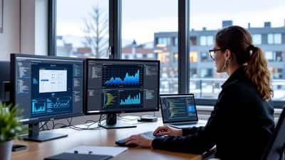 It-säkerhetskonsult granskar nätverksskydd på skärmar med tvåfaktorsautentisering på ett svenskt småföretagskontor 2026