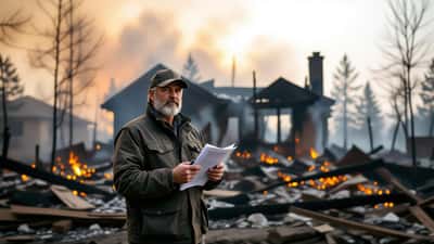 Canadian homeowner holding insurance documents amid the charred ruins of a wildfire-damaged house