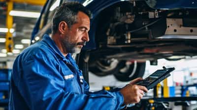 Mecânico a inspecionar veículo numa estação de inspeção automóvel em Portugal