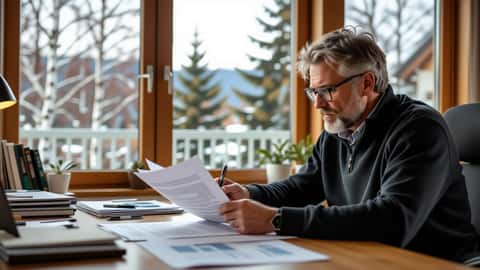 Suomalainen vuokranantaja Tampereella tarkastelee vuokrasopimuksen purkamisasiakirjoja kodin toimistossaan