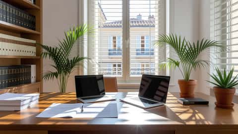 Salle de réunion moderne avec documents de conformité IA et ordinateur portable dans un bureau professionnel à Lyon